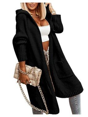 Womens Long Hooded Cardigan Cable Knit Open Front Oversized Sweater Coat